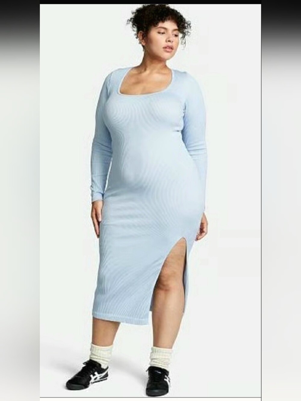 Chloe X Halle By Pink Blue Long Sleeve Square Neck Bodycon Dress with Side Slit